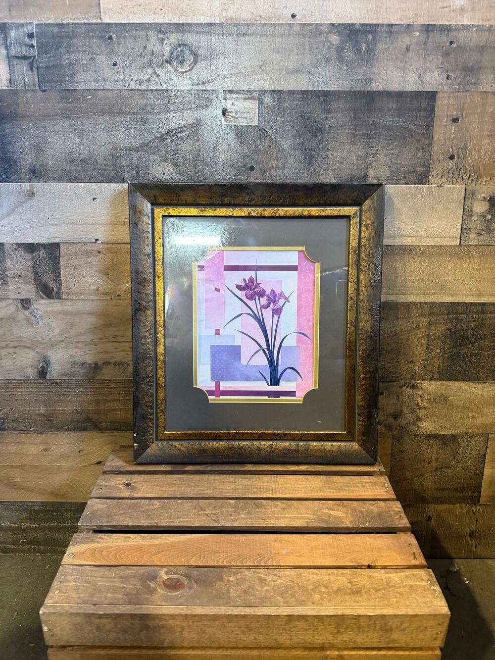 Framed Purple Iris Floral Art Print - Double Matted Metallic Bronze Frame -16x18